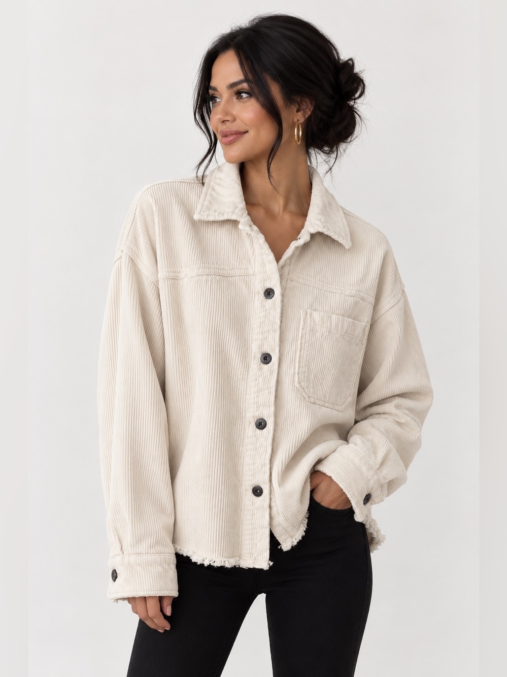 Zara Cream Oversized Button-Front Corduroy Shacket, 3 Pockets, Frayed Hem Medium